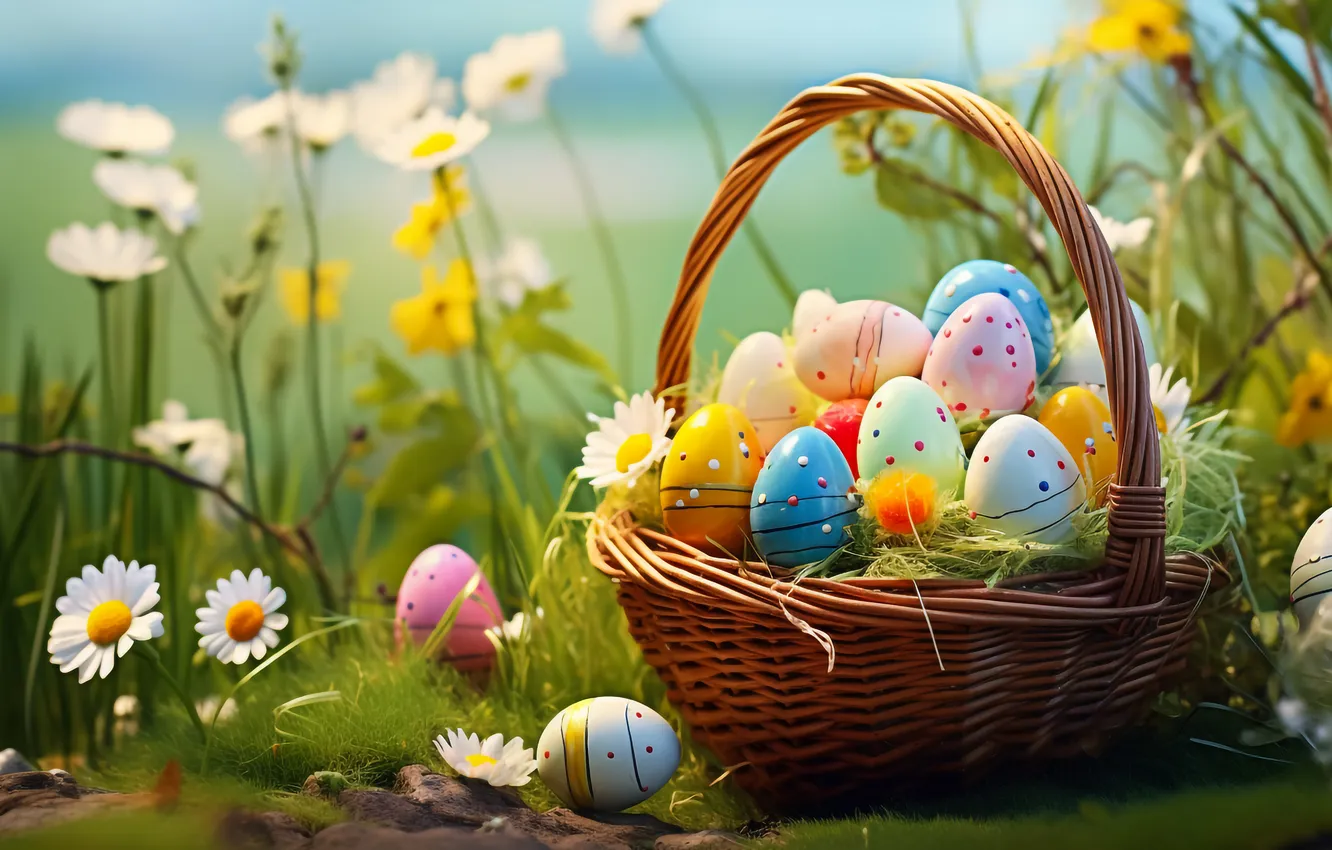 Photo wallpaper flowers, basket, glade, eggs, spring, colorful, Easter, flowers