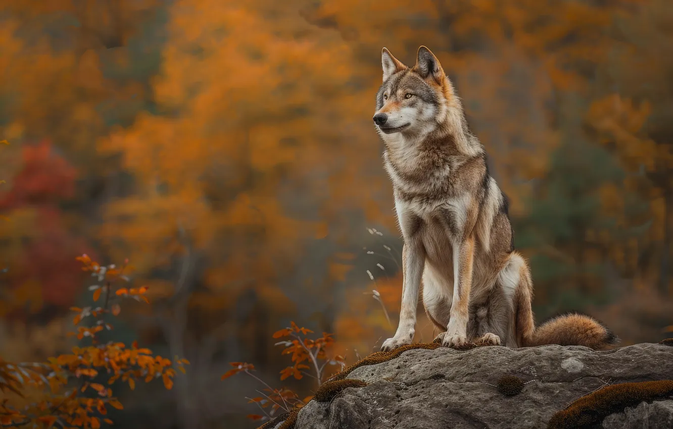 Photo wallpaper forest, trees, wolf, predator, digital art, AI art, The Art of Artificial Intelligence, neural network