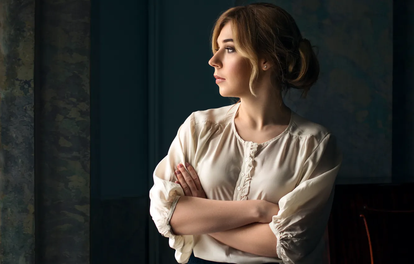 Photo wallpaper pose, model, skirt, portrait, makeup, hairstyle, blouse, brown hair