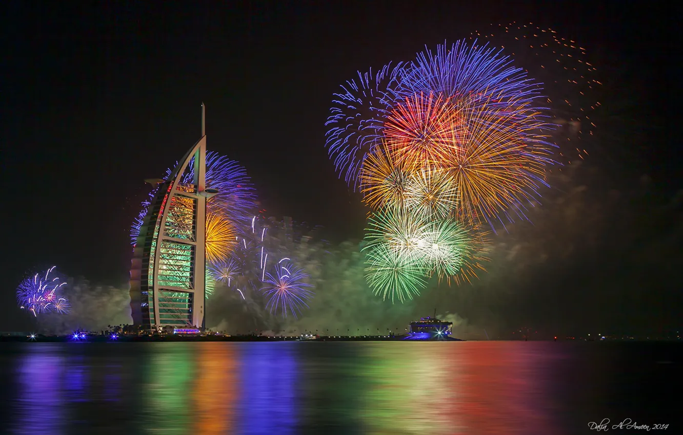 Photo wallpaper night, lights, new year, Dubai, fireworks, the hotel, UAE, Burj Al Arab