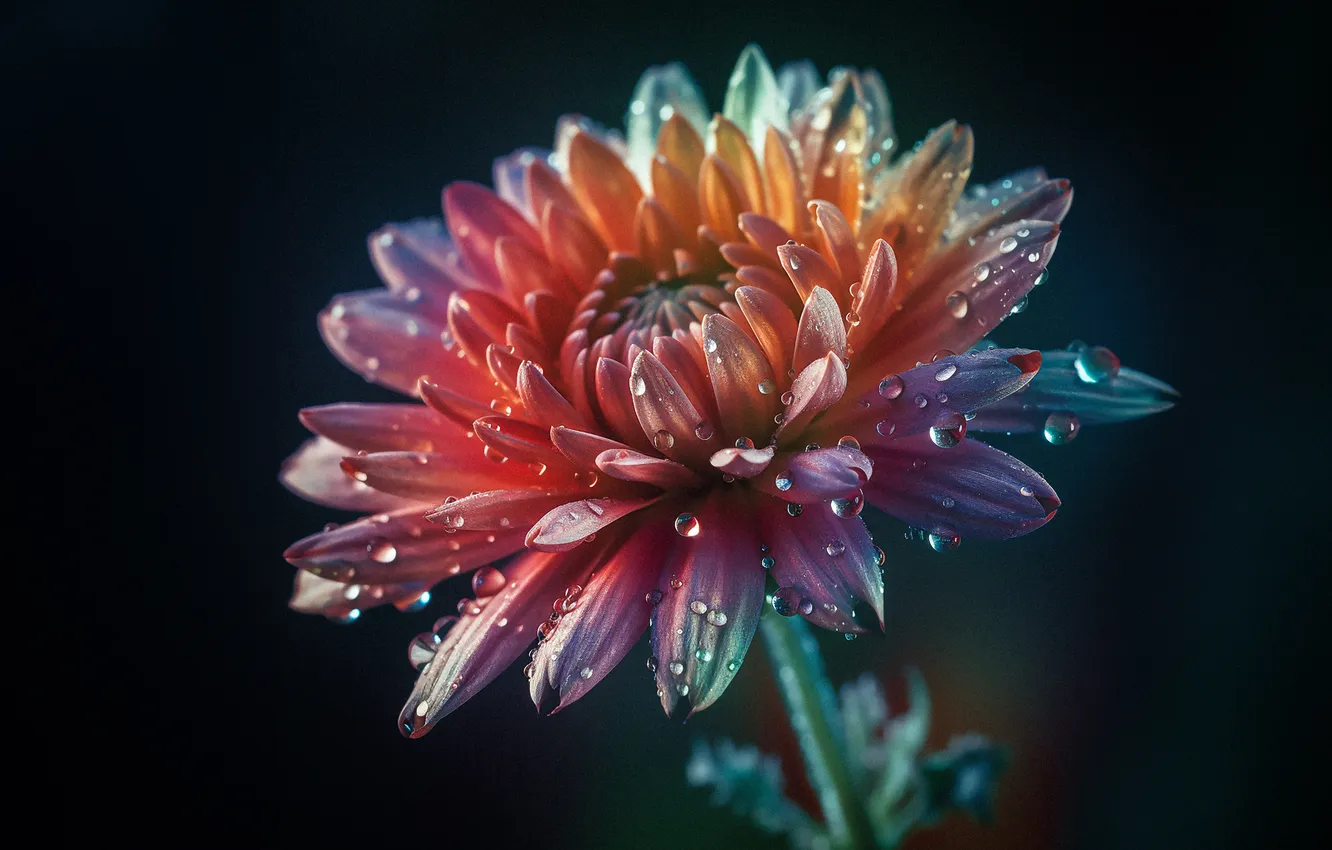 Photo wallpaper flowers, Chrysanthemum, Digital flower, Bokeh Background, Dew Drops