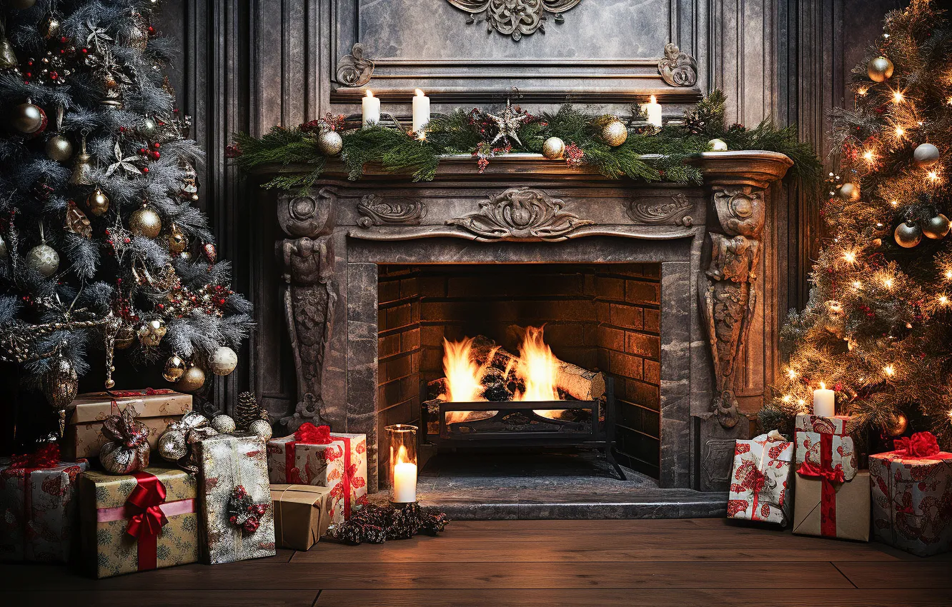 Photo wallpaper gift, tree, new year, interior, Christmas, fireplace, Christmas, interior