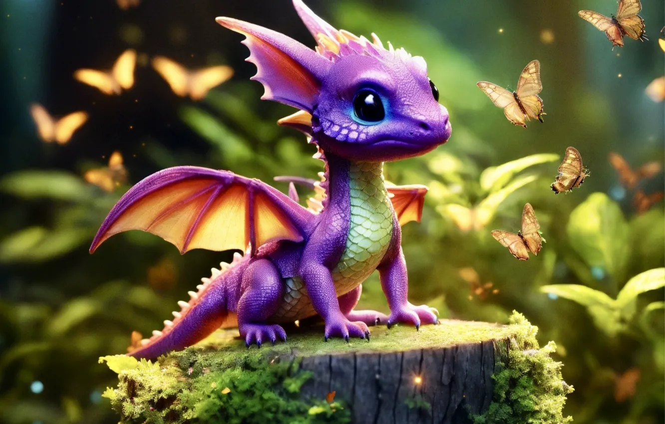 Photo wallpaper purple, summer, butterfly, dragon, stump, cub, face, dragon