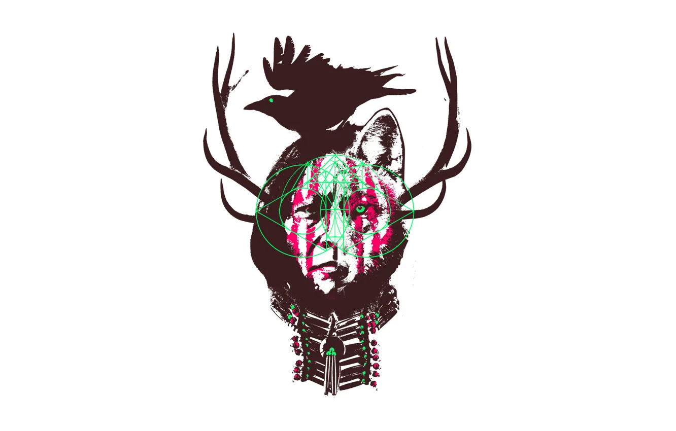 Photo wallpaper face, style, wolf, horns, crow, ear, Indian, paint
