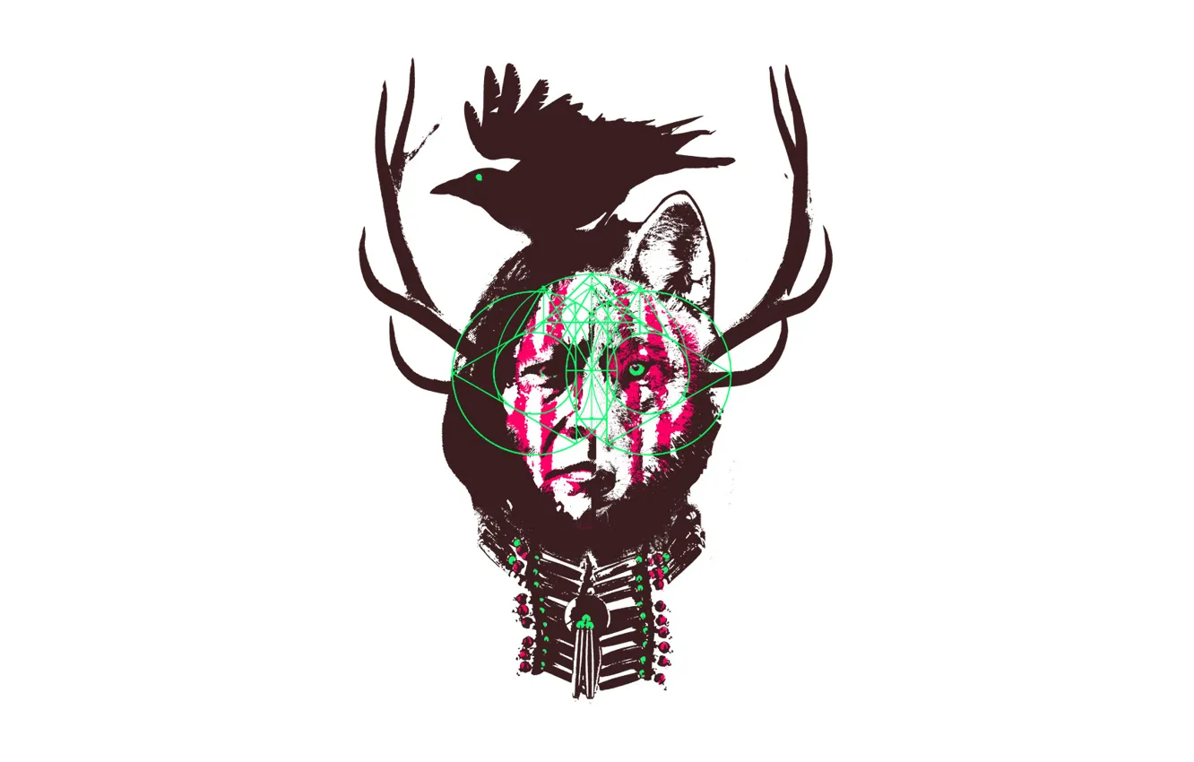 Photo wallpaper face, style, wolf, crows, horns, ears, Indian, paint