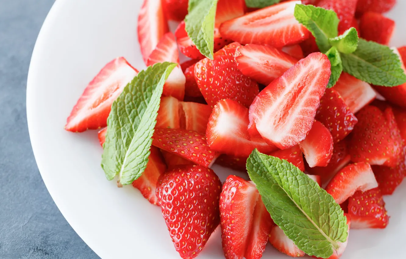 Photo wallpaper greens, berries, table, strawberry, plate, red, leaves, mint