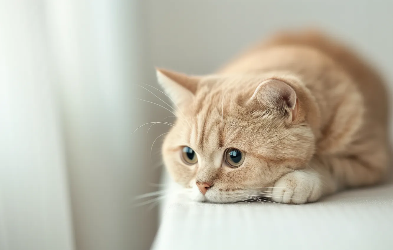 Photo wallpaper cat, cat, look, pose, table, lies, red, curtains