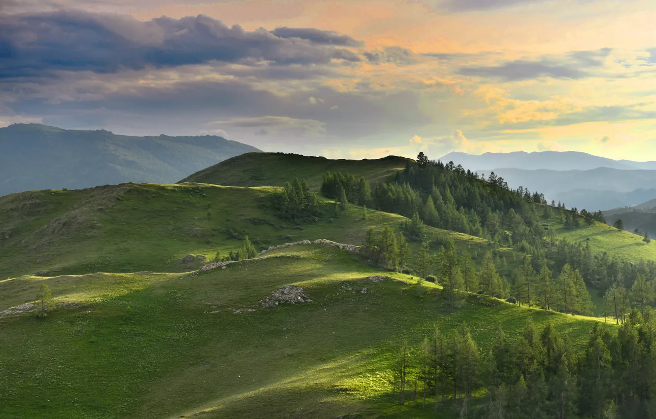 Photo wallpaper clouds, trees, mountains, horizon, meadow, at sunset, Krat Svetlana