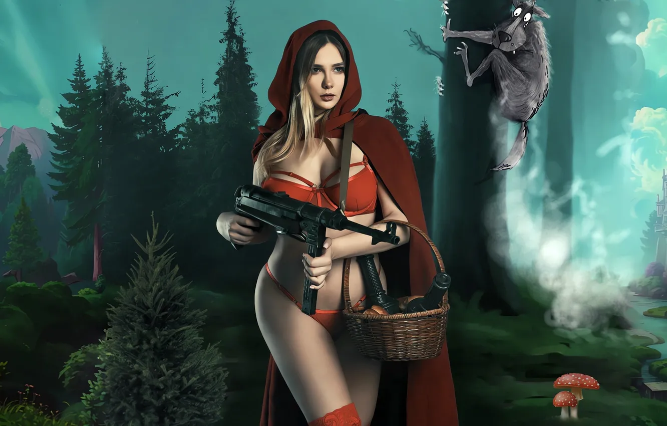 Photo wallpaper sexy, wolf, Little Red Riding Hood, Automaton