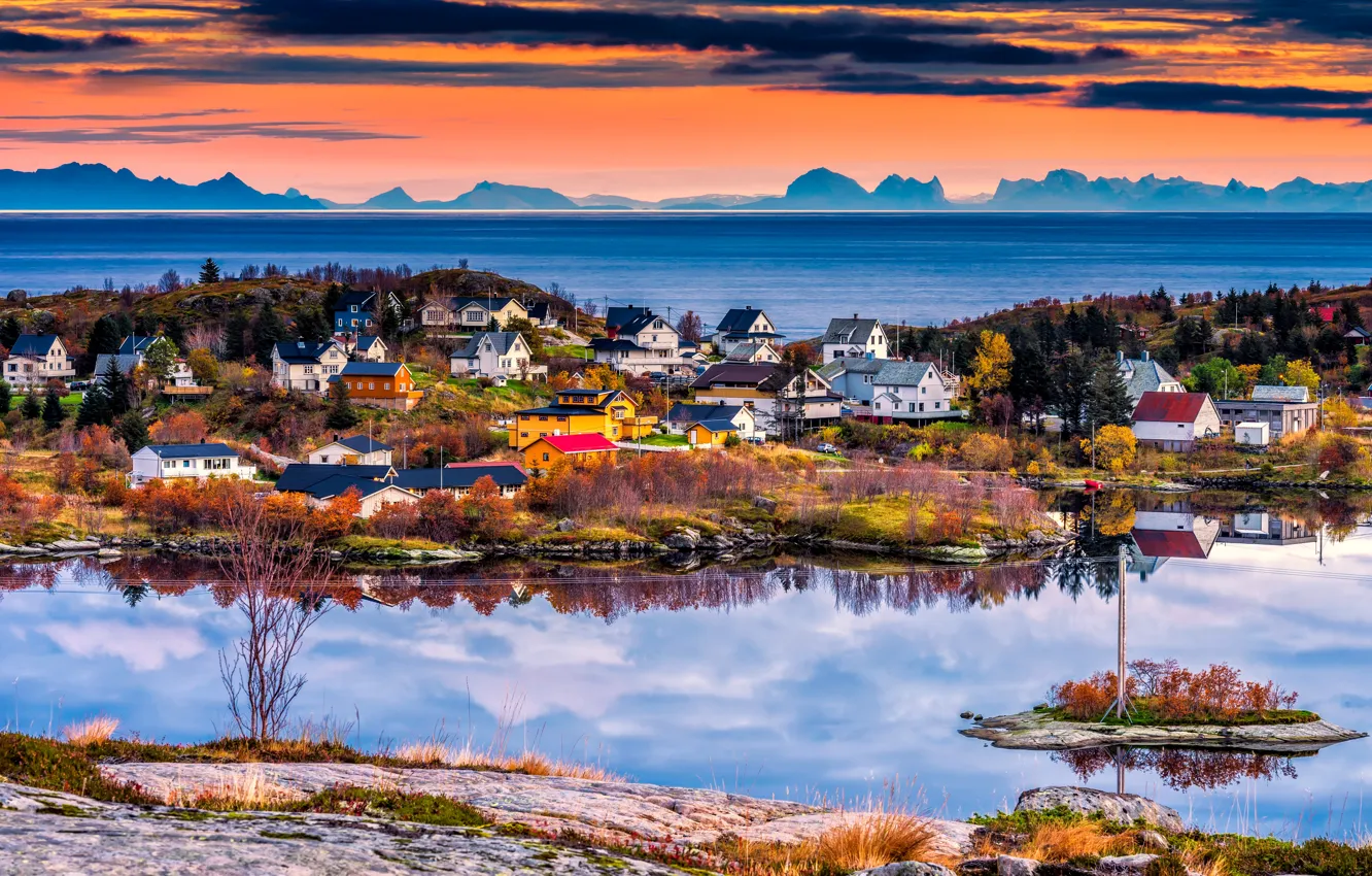 Photo wallpaper sunset, Norway, the village, The Lofoten Islands