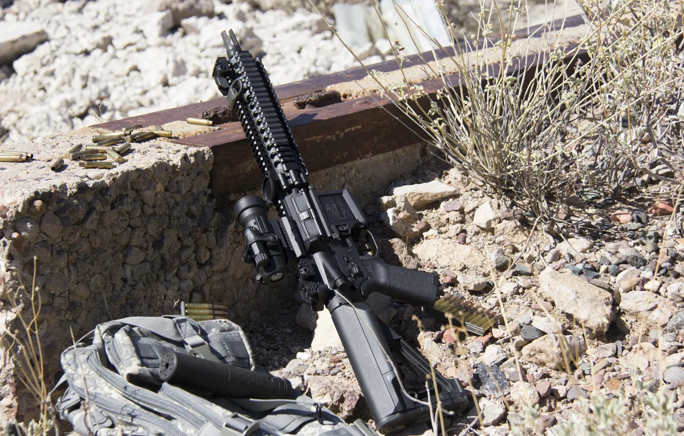 Photo wallpaper grass, stones, machine, bag, sleeve, muffler, assault rifle