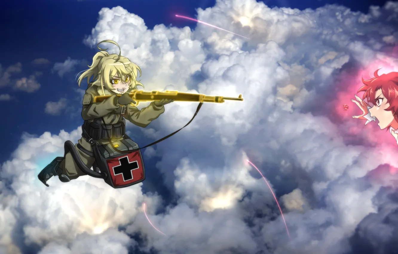 Photo wallpaper girl, soldier, sky, military, weapon, war, anime, cloud