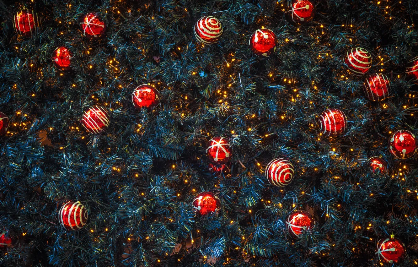 Photo wallpaper balls, spruce, New Year, Christmas, red, decoration, needles, Christmas