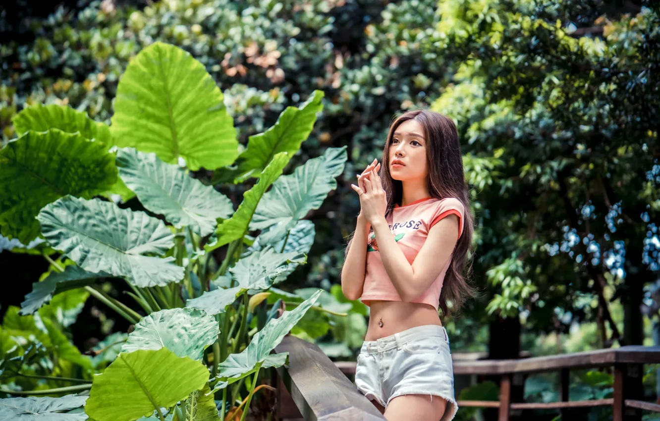 Photo wallpaper leaves, trees, pose, model, shorts, portrait, makeup, garden