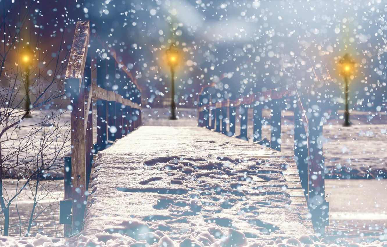 Photo wallpaper photo, Winter, Bridge, Night, The city, Snow, Park, Street lights