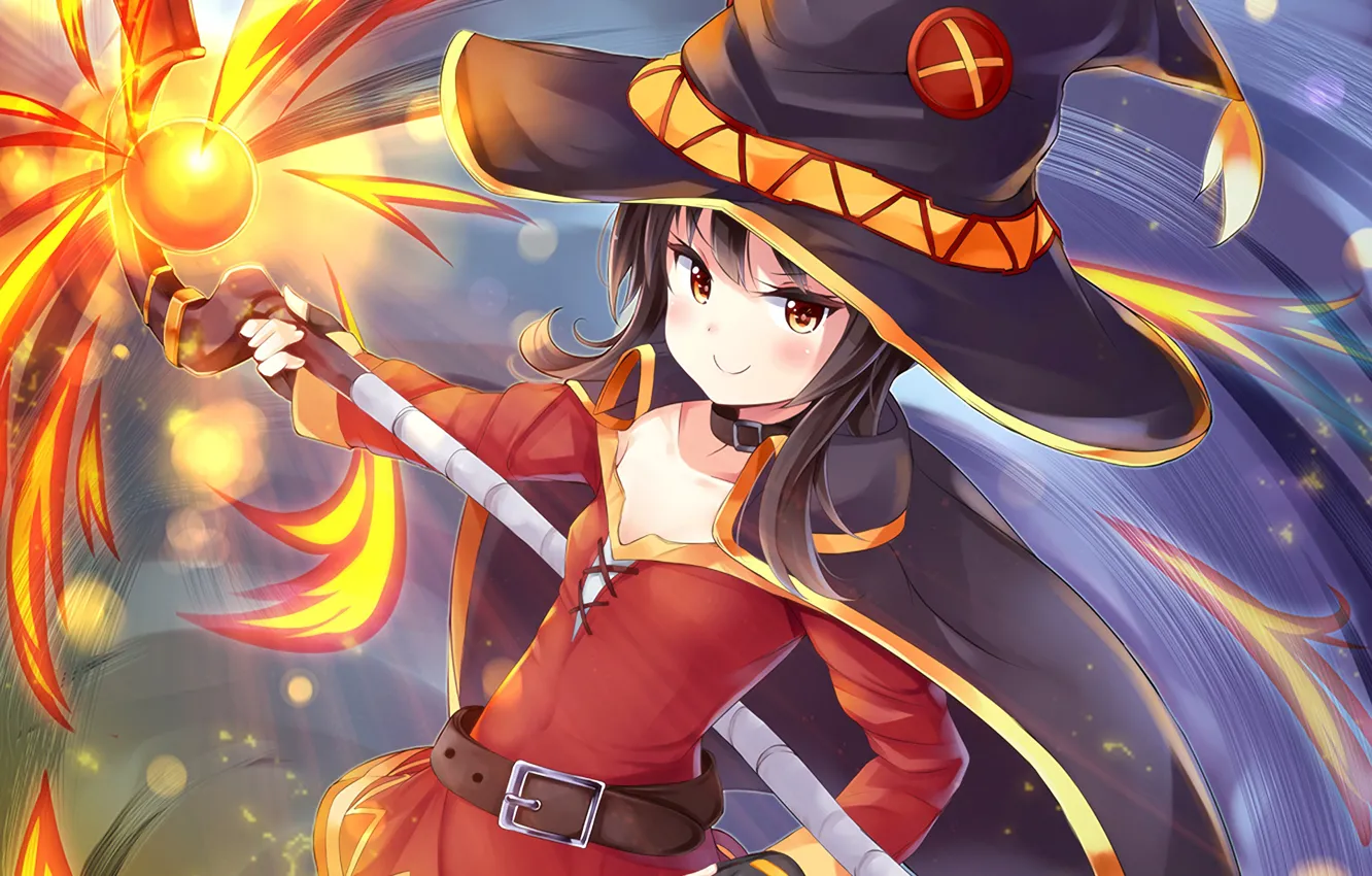 Photo wallpaper girl, smile, magic, hat, MAG, staff, anime, art