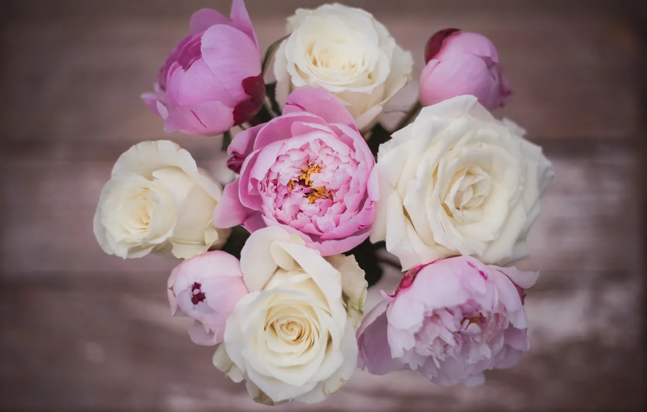 Photo wallpaper flowers, roses, bouquet, pink, white, the view from the top, peonies
