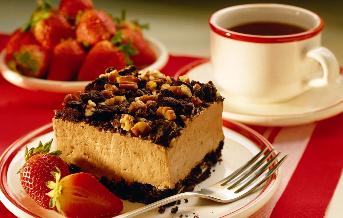Photo wallpaper coffee, strawberry, plate, mug, Cup, plug, cake with nuts