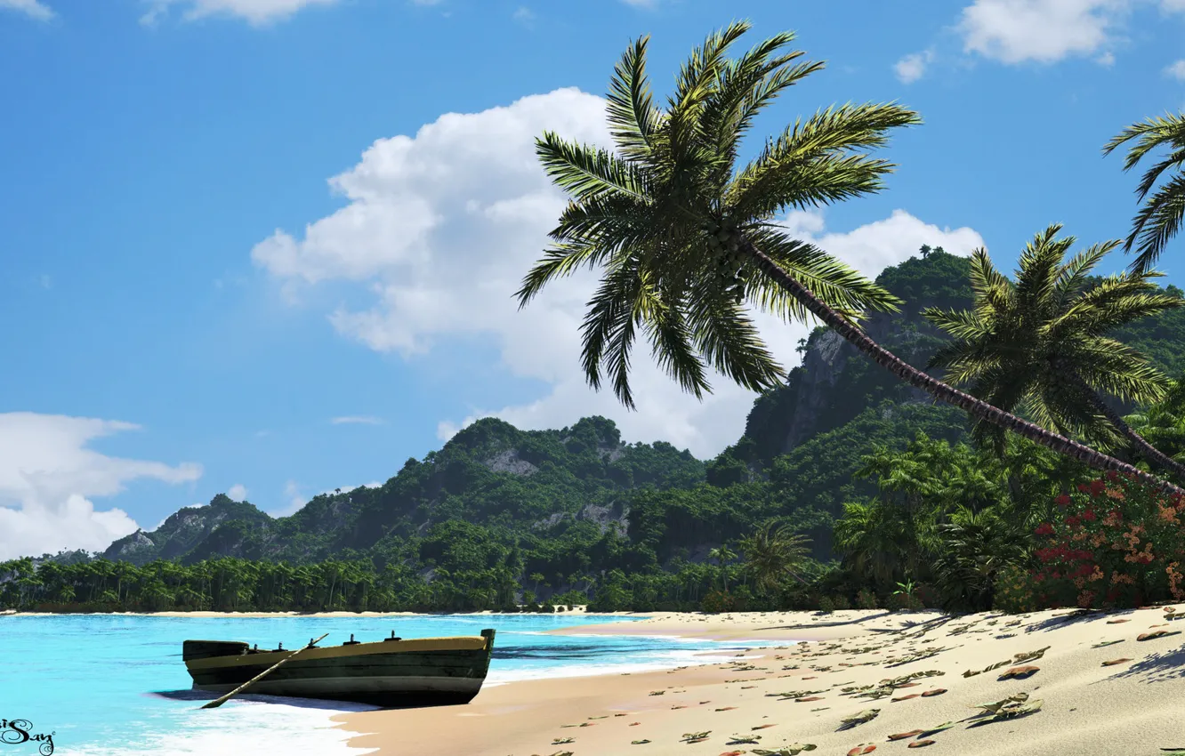Photo wallpaper sea, mountains, shore, boat, tropicana beach