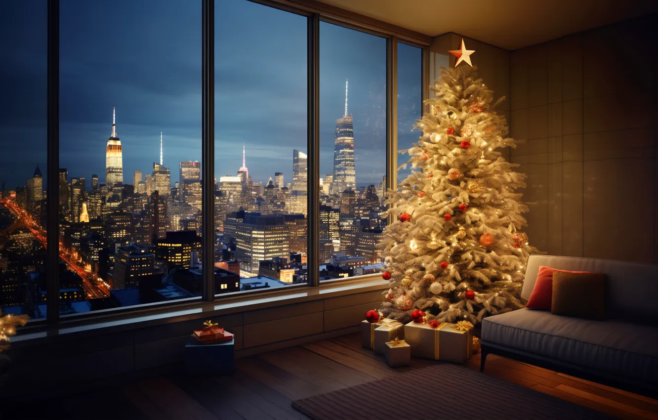 Photo wallpaper decoration, city, room, gift, balls, tree, new year, home