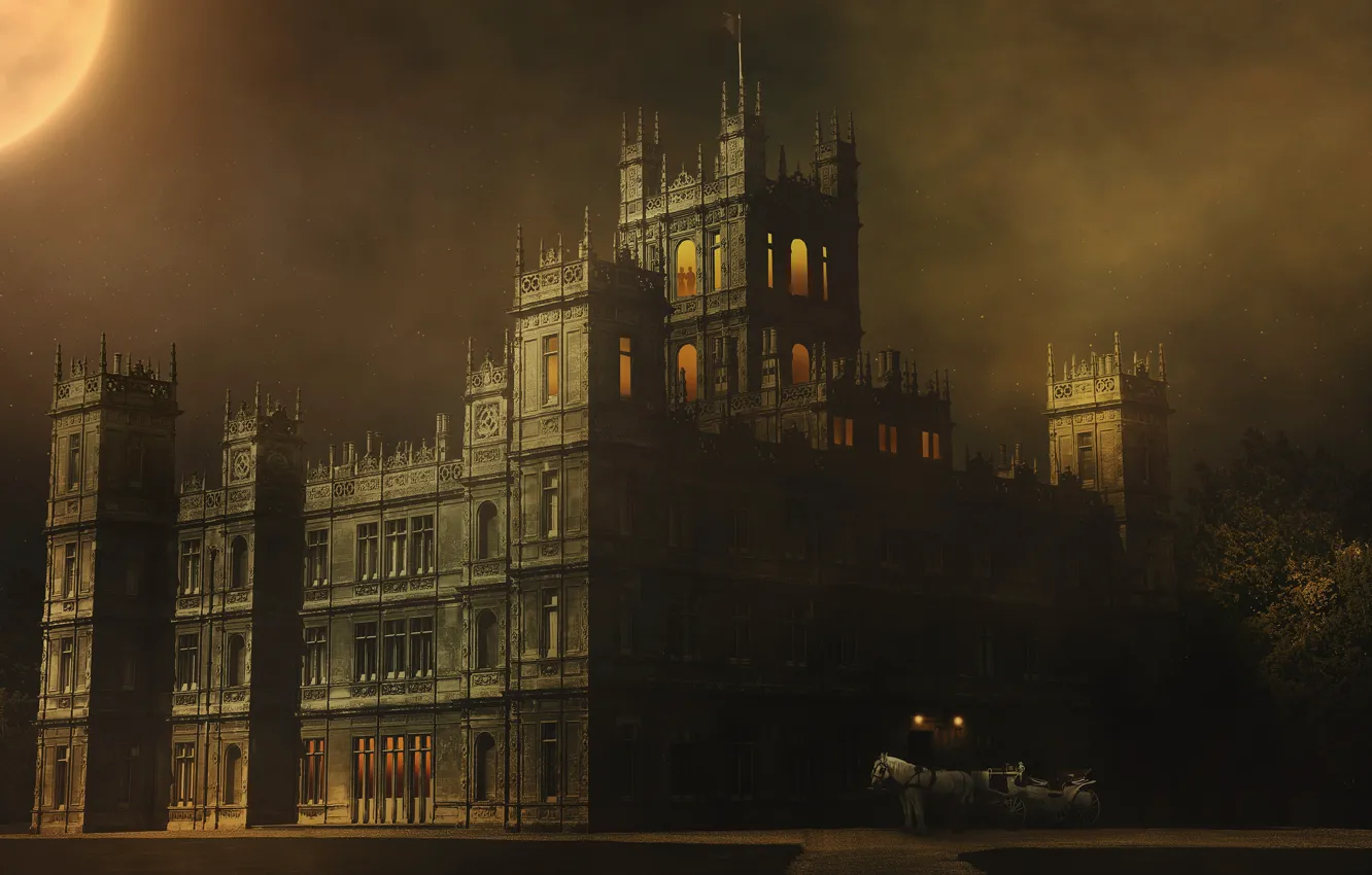 Photo wallpaper light, night, lights, fog, style, rendering, castle, horse