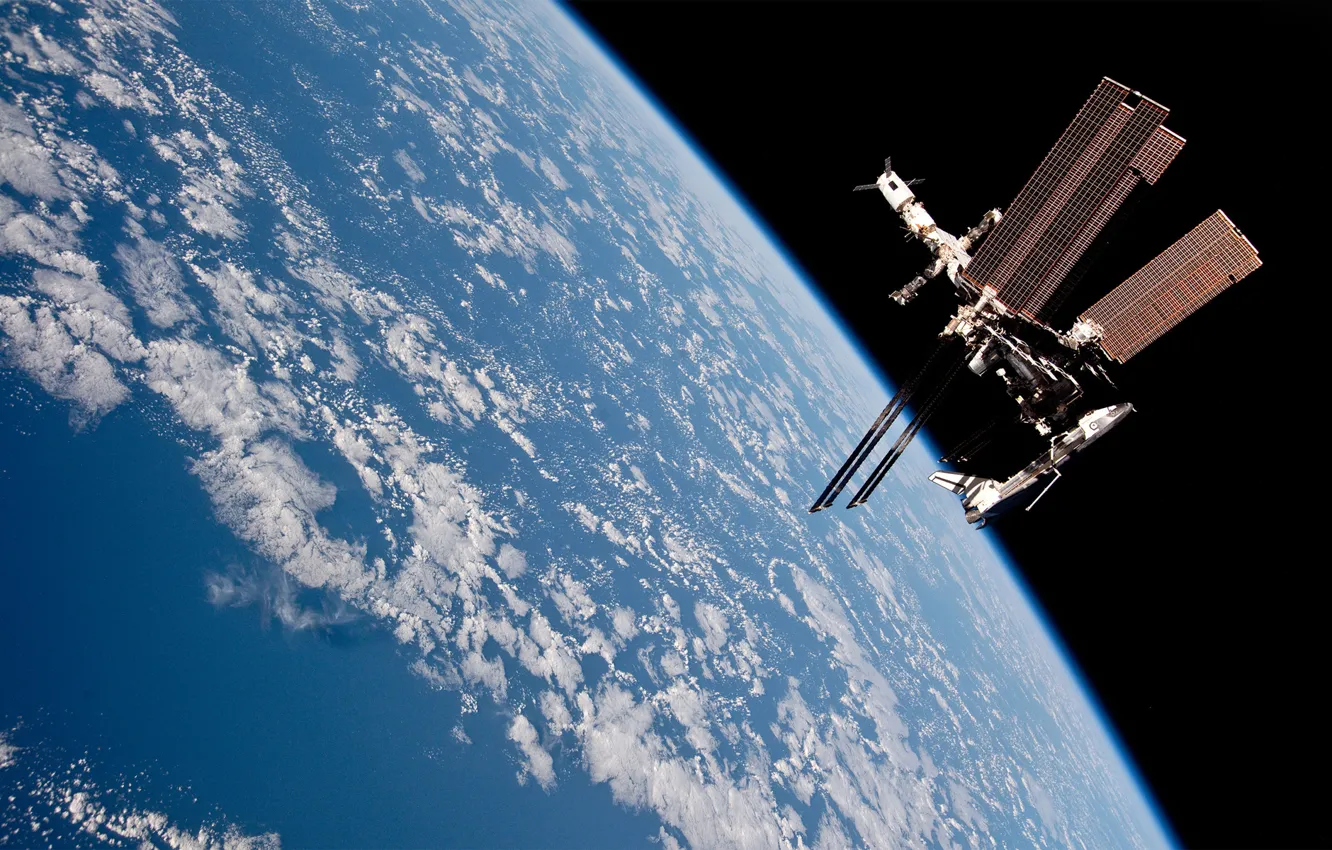 Photo wallpaper clouds, Earth, ISS, progress