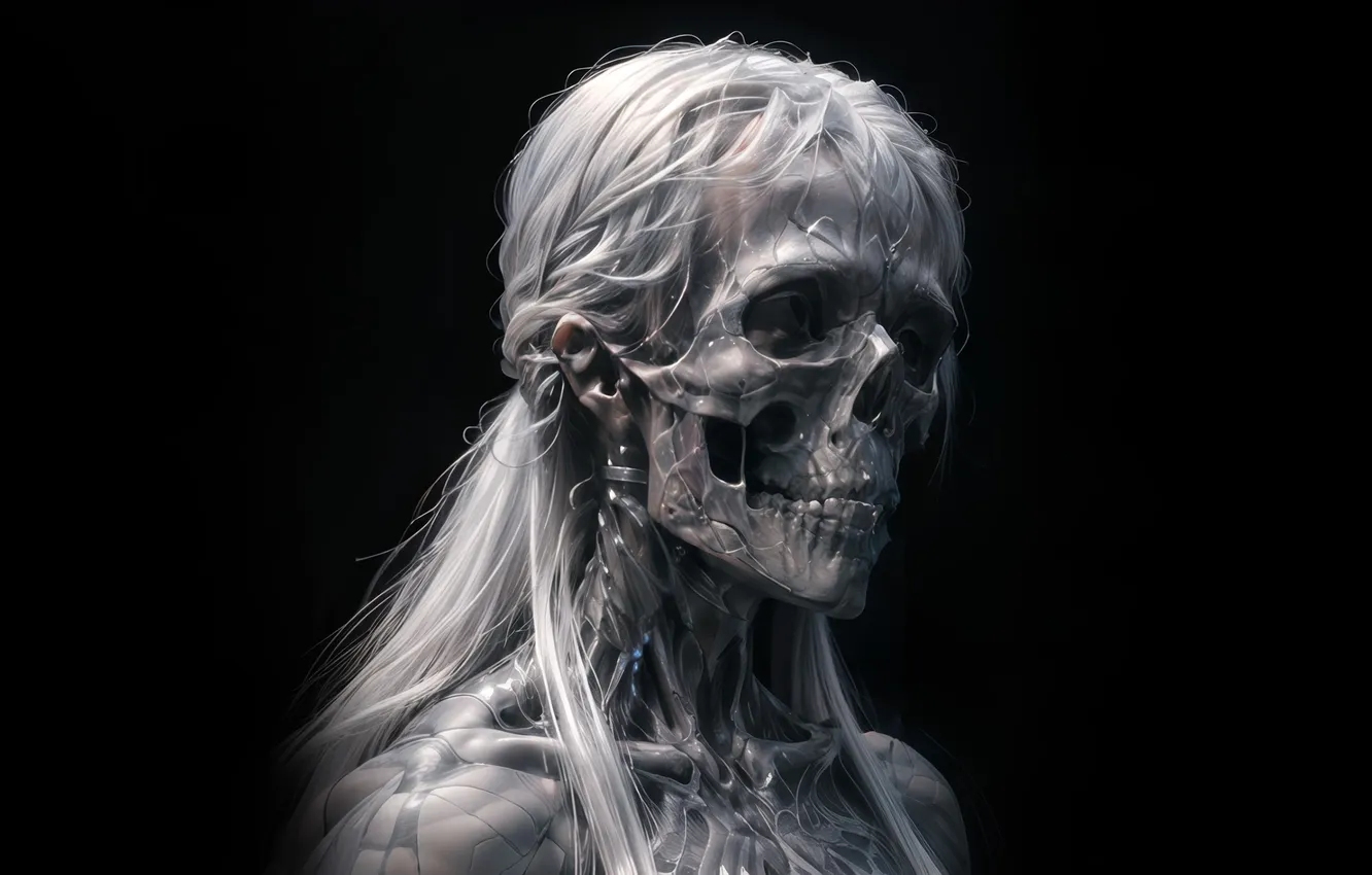 Photo wallpaper girl, skull, black background, undead, horror