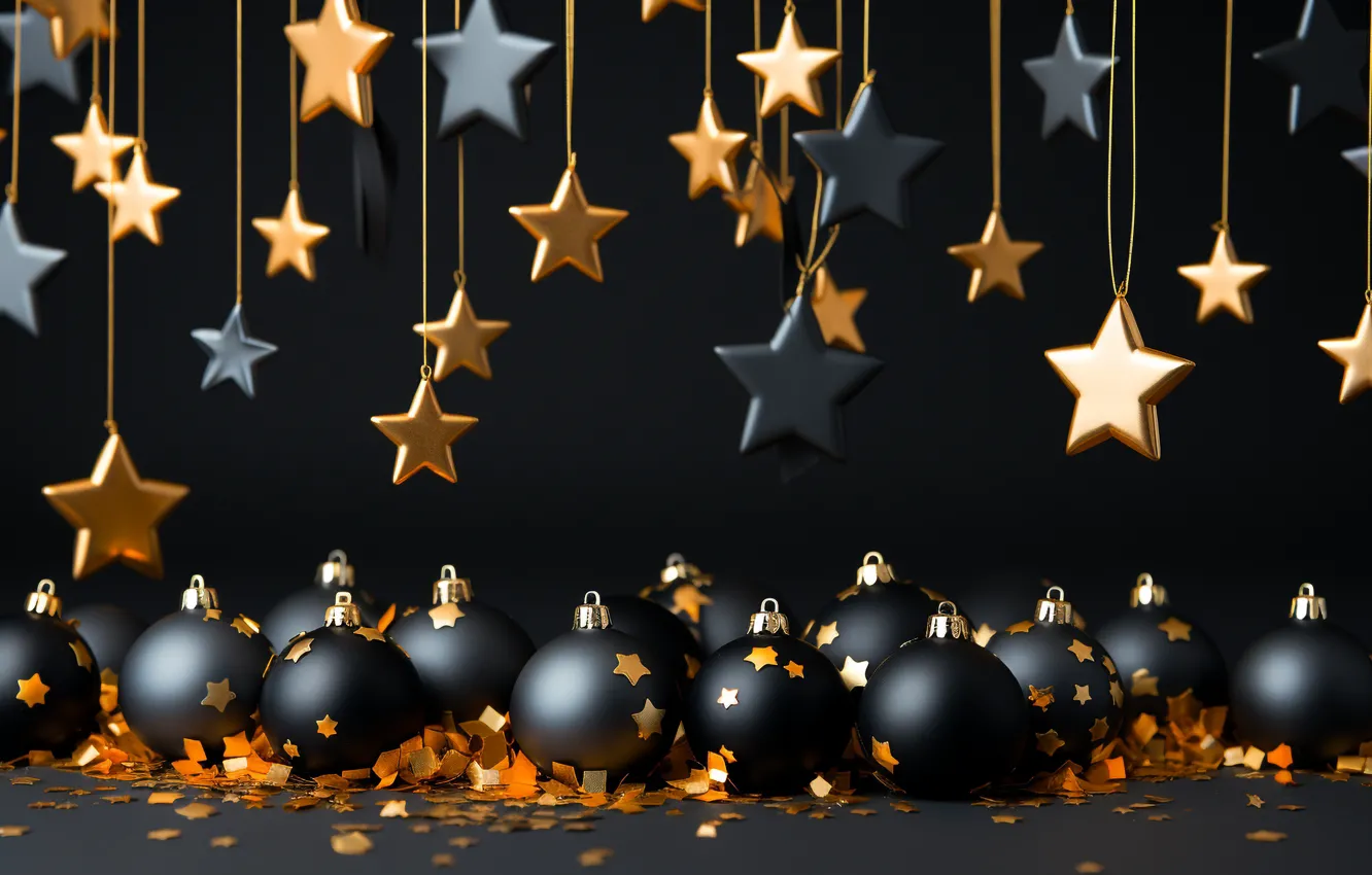 Photo wallpaper stars, decoration, balls, new year, Christmas, golden, black, Christmas
