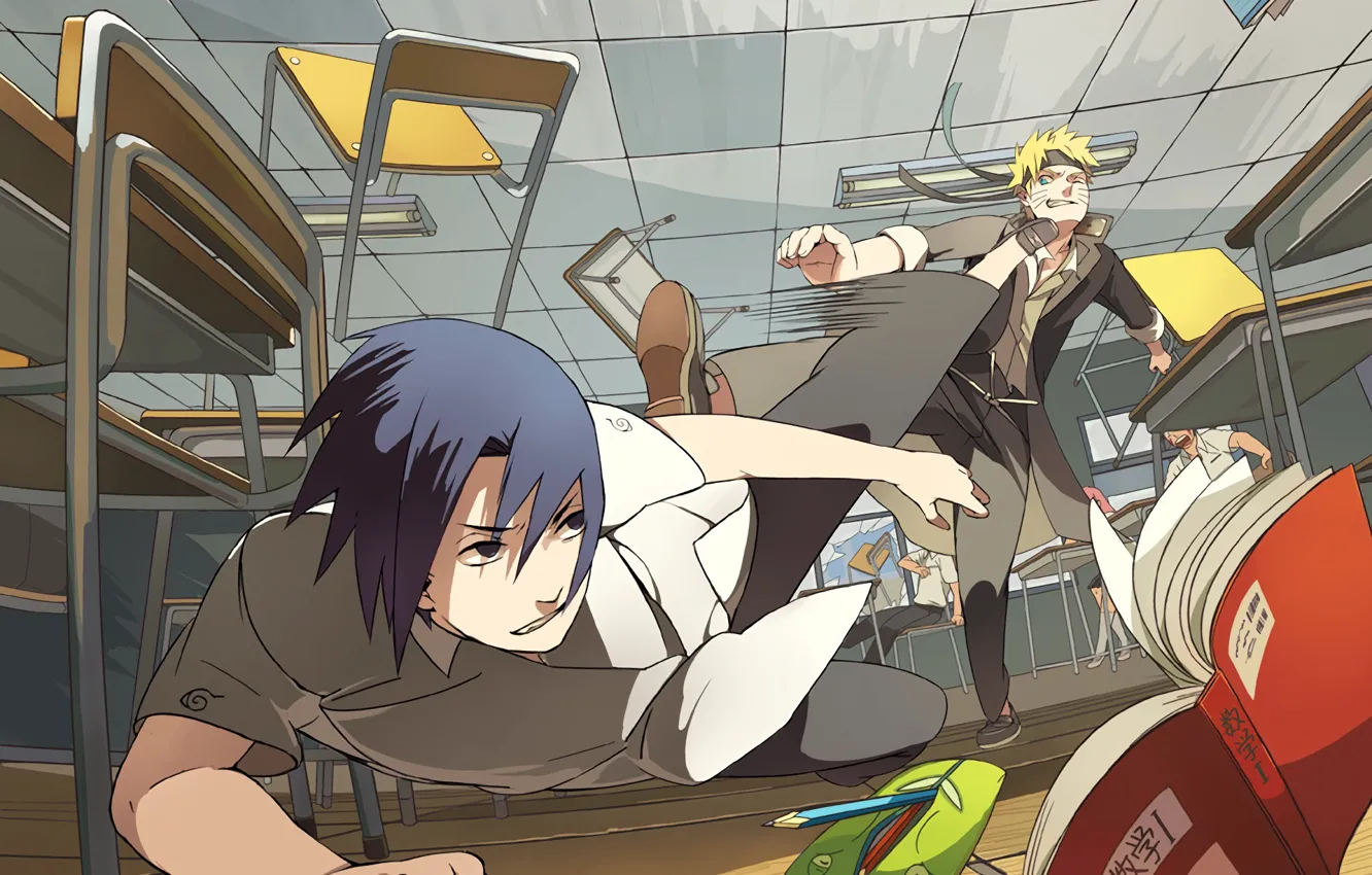 Photo wallpaper anime, art, fight, class, school, Naruto, Naruto, Sasuke Uchiha