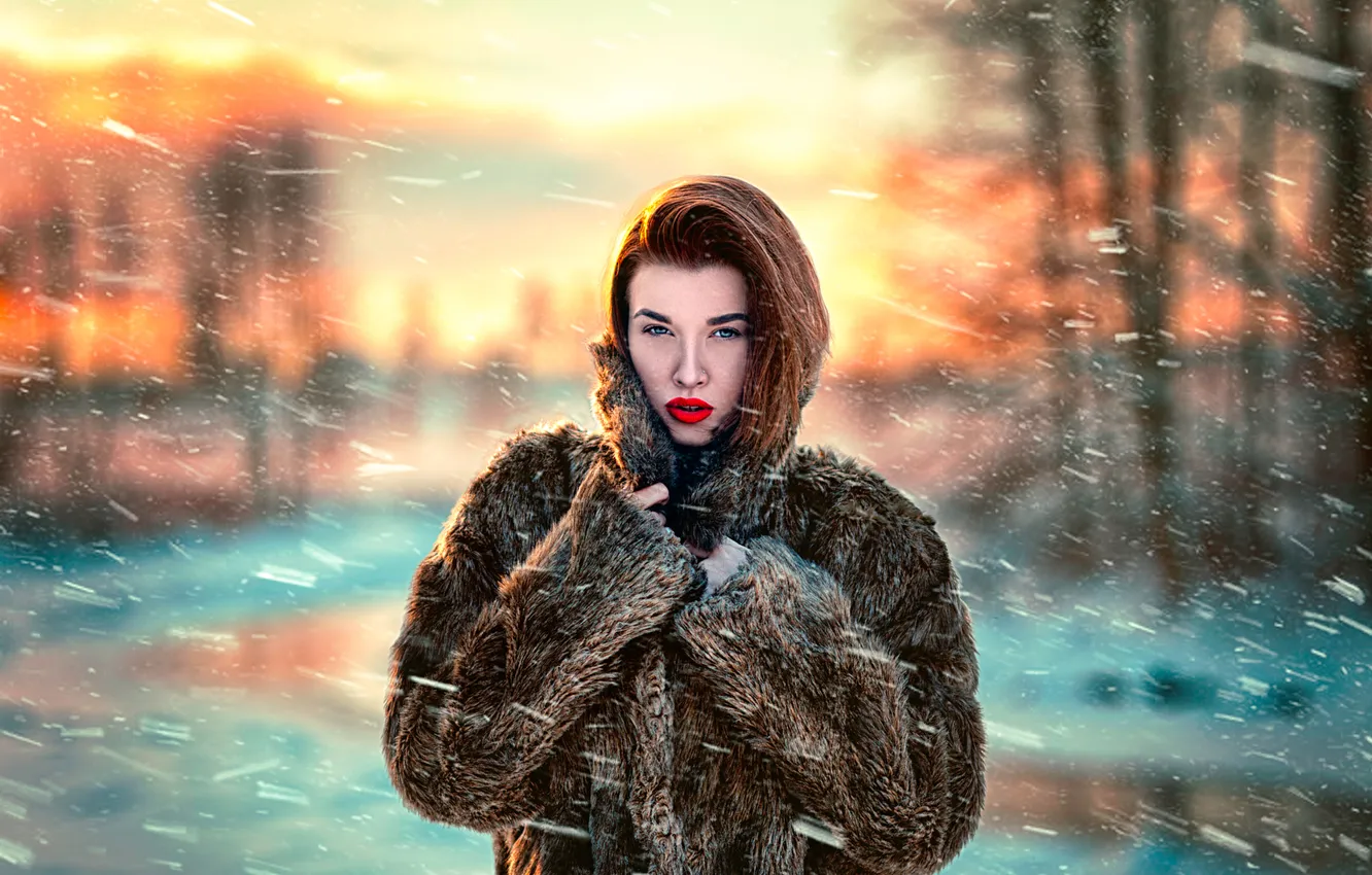 Photo wallpaper girl, snow, the wind, coat, Blizzard, Katie Sendza, Sunset winter