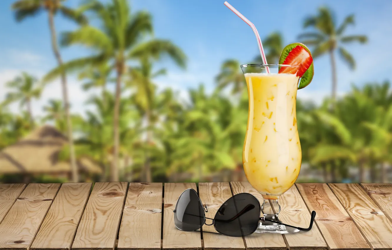 Photo wallpaper sea, beach, palm trees, cocktail, summer, beach, sea, paradise