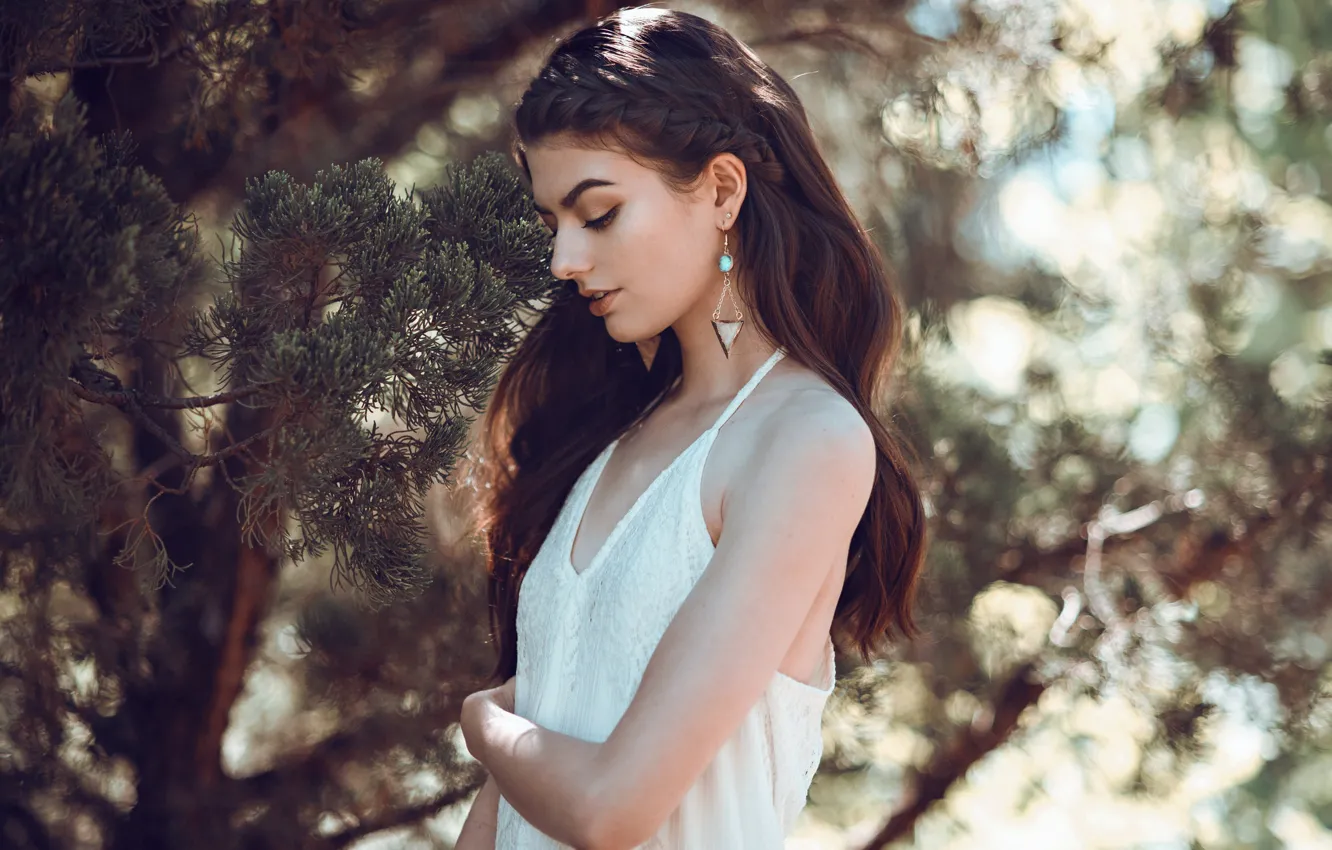 Photo wallpaper girl, brunette, profile, bokeh