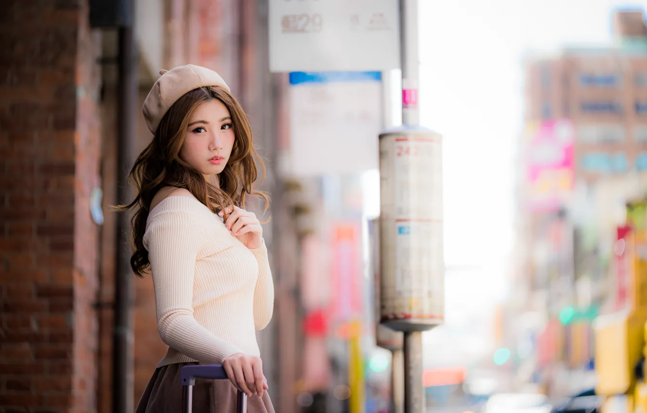 Photo wallpaper girl, street, Asian, cutie, bokeh