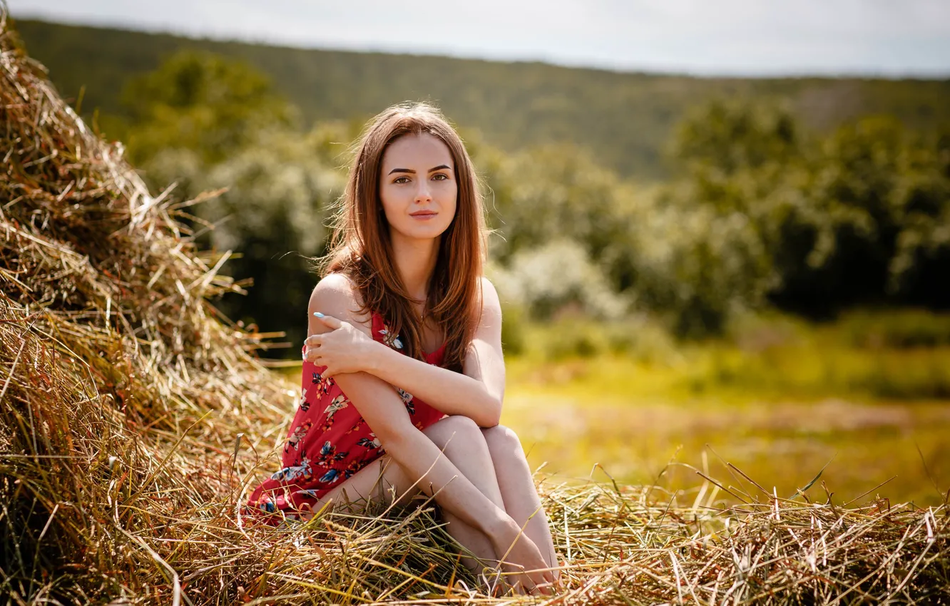 Photo wallpaper girl, smile, hay, Alexey Gilev
