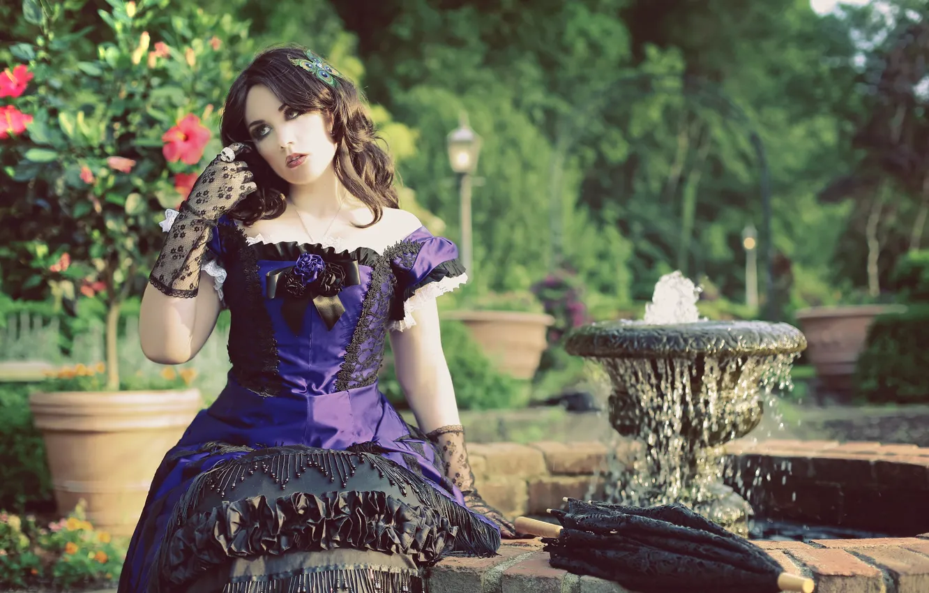 Photo wallpaper greens, summer, look, water, girl, flowers, pose, style