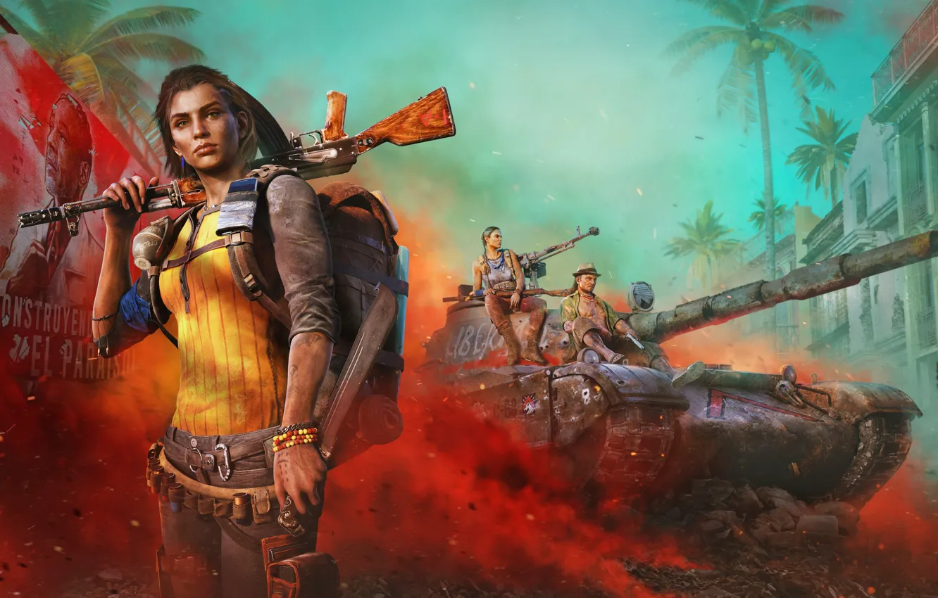 Photo wallpaper look, girl, weapons, smoke, tank, backpack, characters, Ubisoft