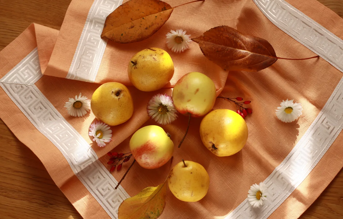 Photo wallpaper autumn, apples, beautiful, fruit, still life, pear, napkin