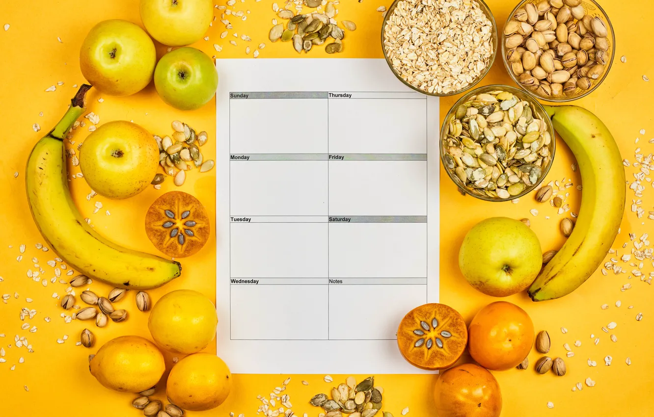 Photo wallpaper apples, bananas, fruit, nuts, calendar, lemons, persimmon, oatmeal