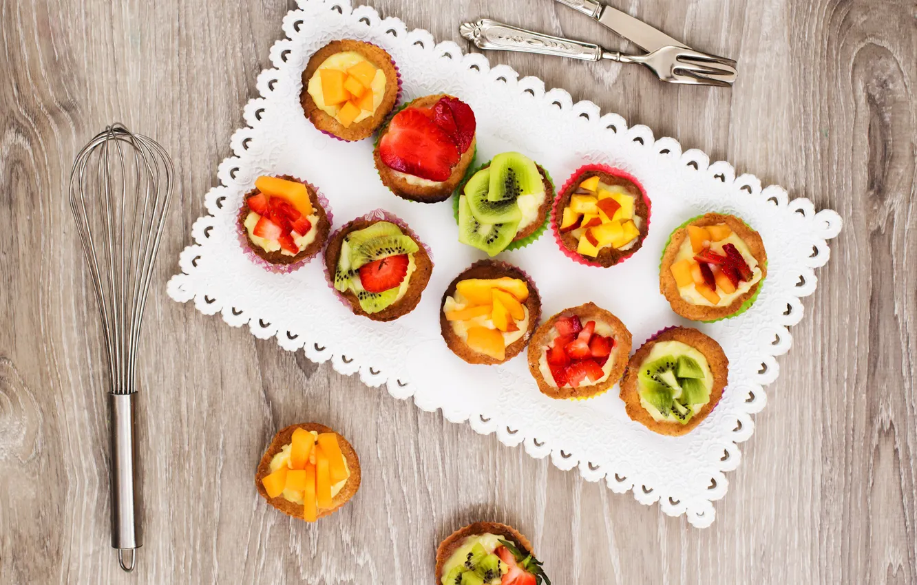 Photo wallpaper kiwi, strawberry, peaches, sweet, cupcakes