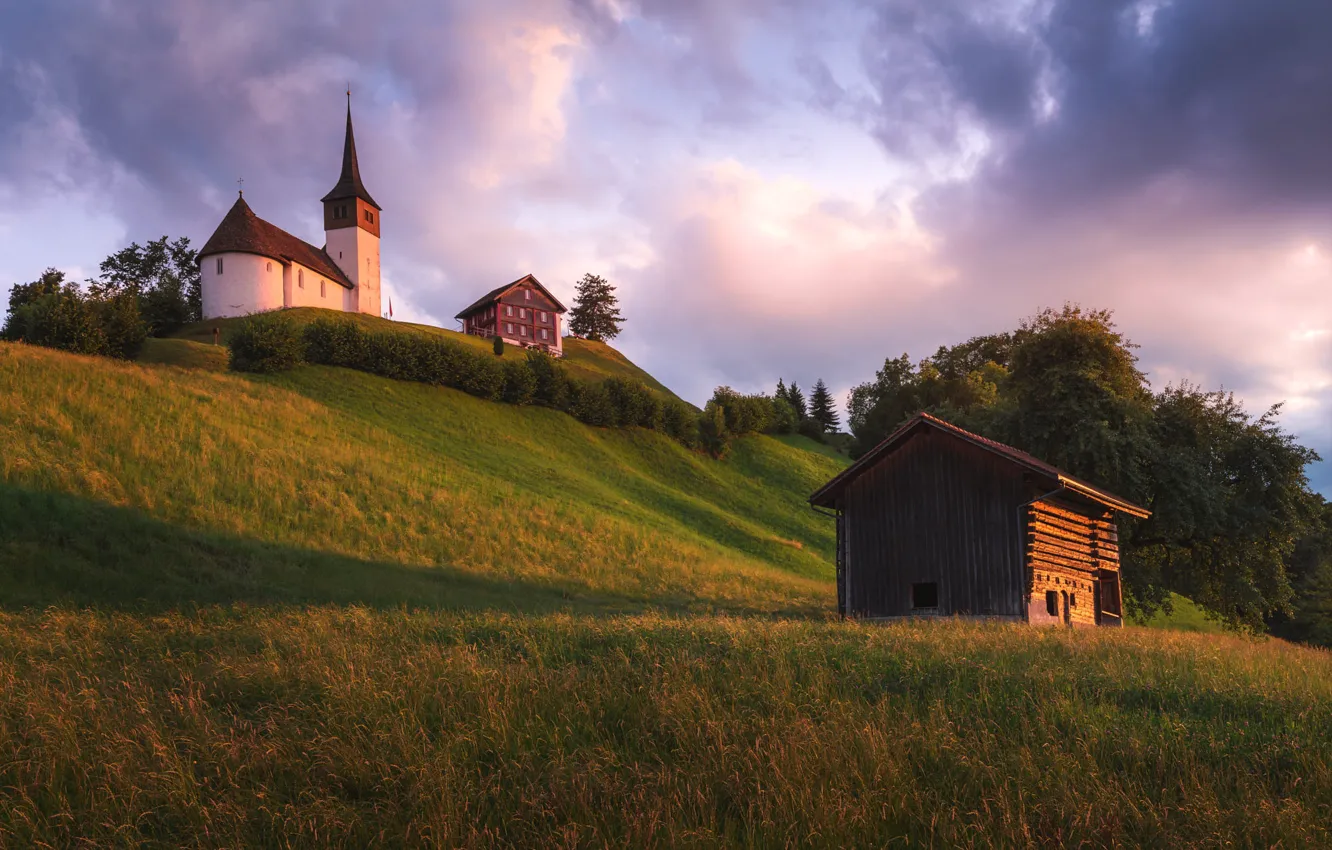 Photo wallpaper landscape, sunset, clouds, nature, hills, Switzerland, slope, Church