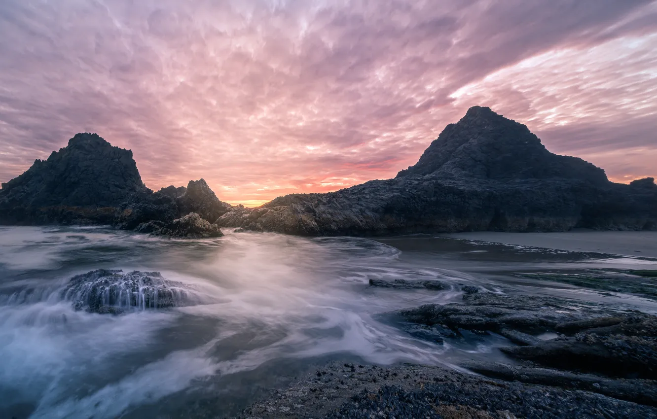 Photo wallpaper sea, wave, clouds, sunset, stones, rocks, shore, coast