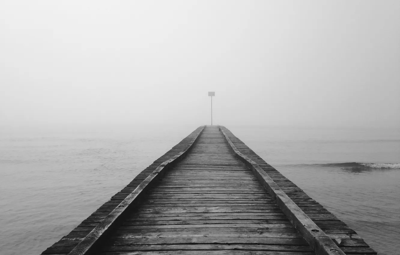 Photo wallpaper sea, water, bridge, fog, shore, black and white