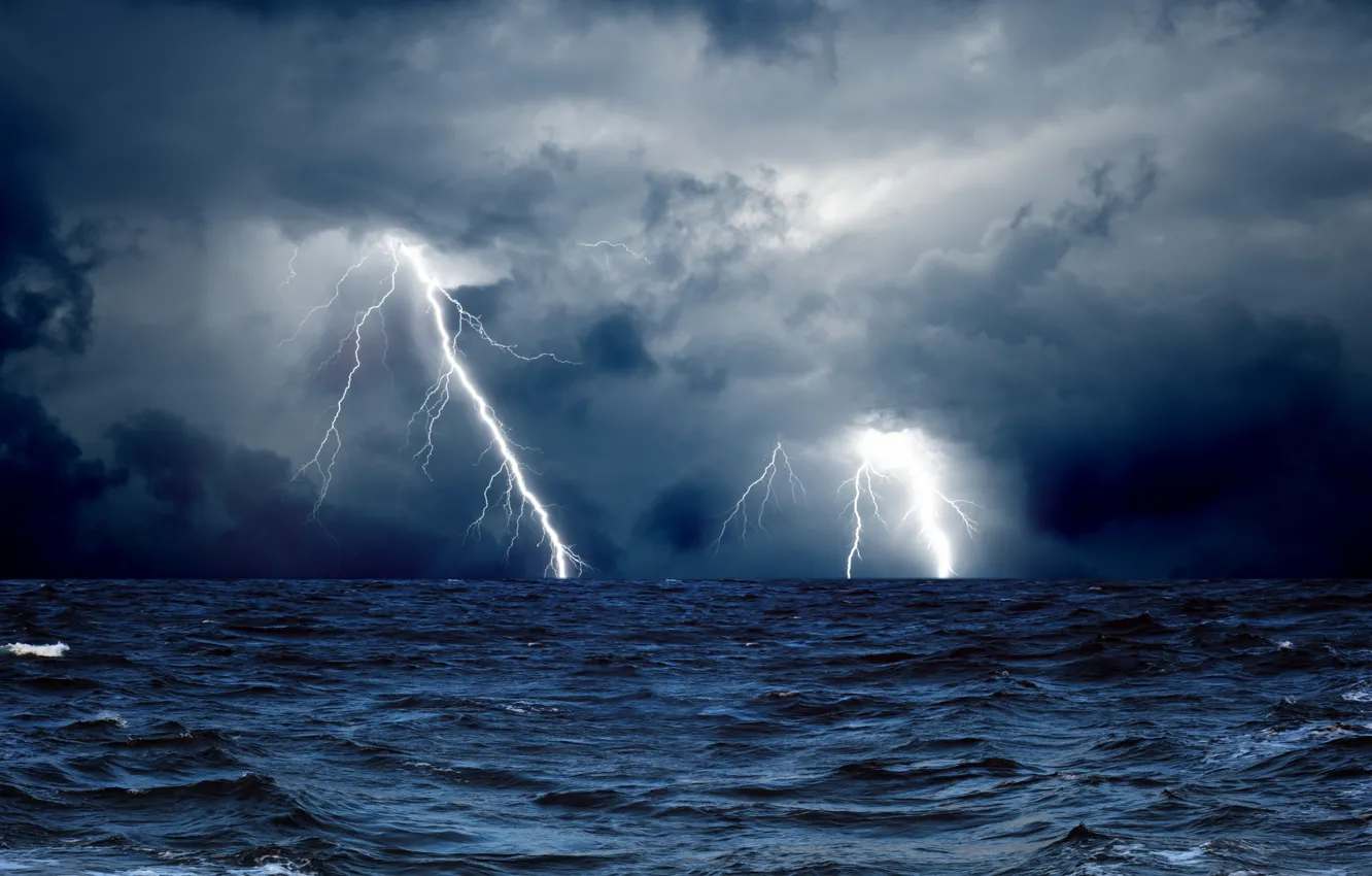 Photo wallpaper sea, the storm, wave, clouds, lightning