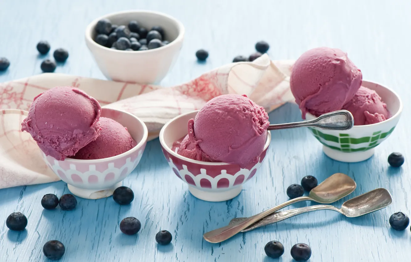 Photo wallpaper berries, blueberries, ice cream, dessert, spoon