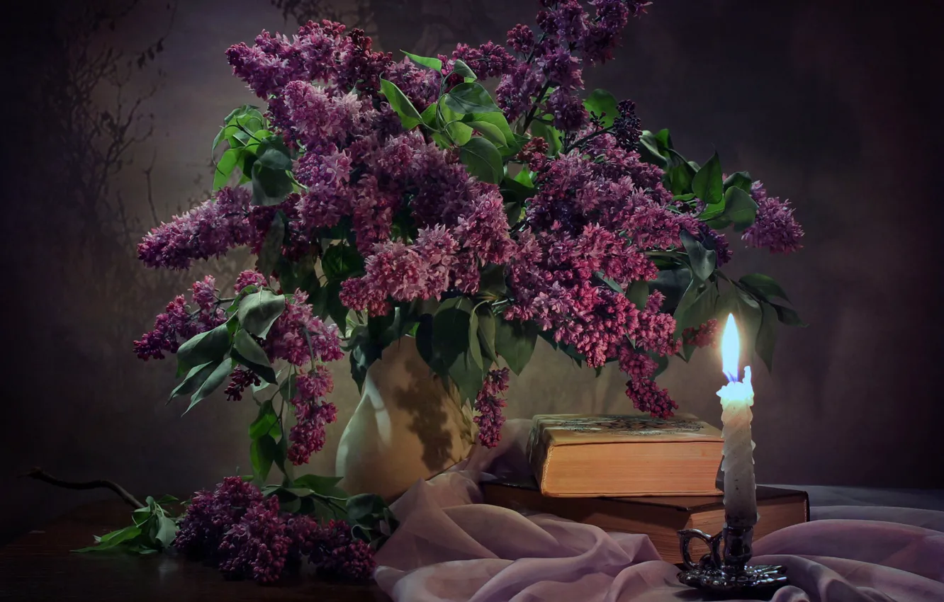 Photo wallpaper lights, table, bouquet, candles, book, vase, still life, lilac