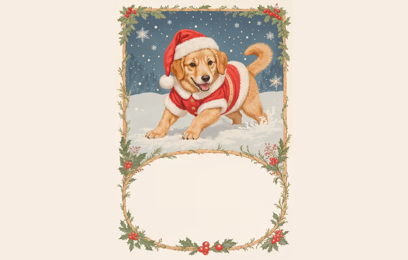 Photo wallpaper winter, look, snow, snowflakes, new year, dog, frame, Christmas