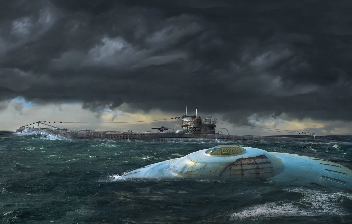 Photo wallpaper wave, the sky, clouds, the ocean, UFO, U-99, German submarine, &ampquot;Flying saucer&ampquot; third Reich
