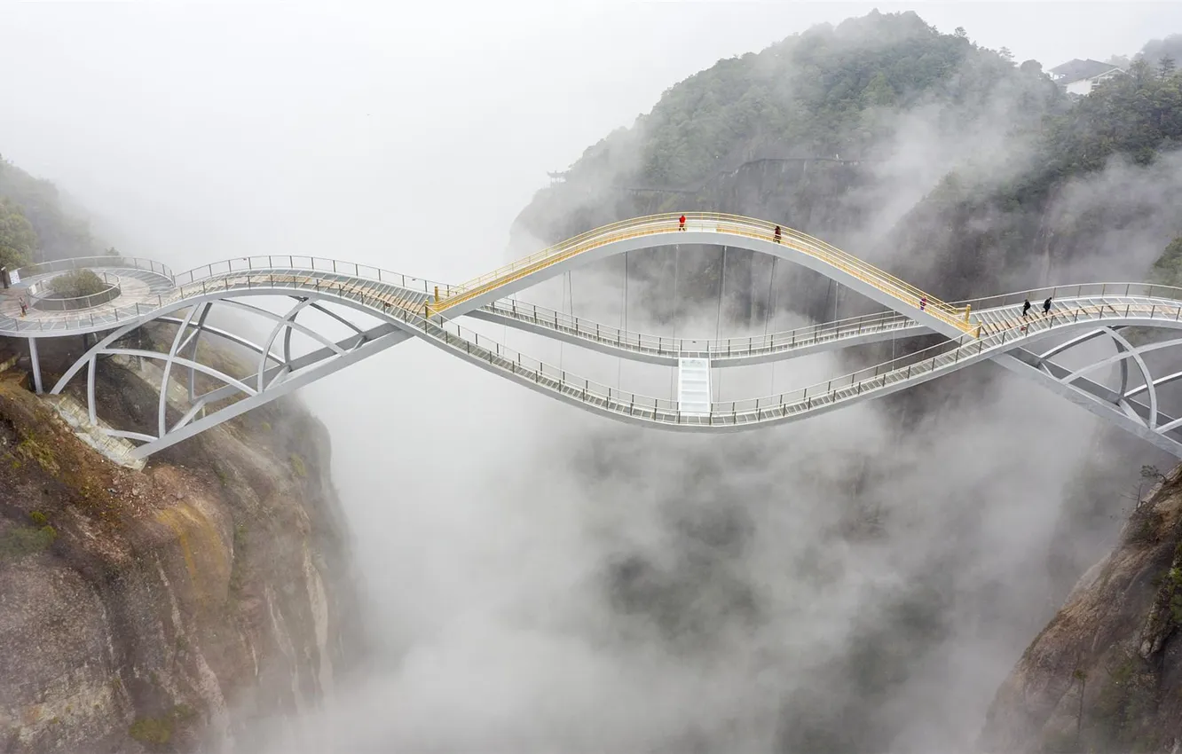 Photo wallpaper forest, trees, landscape, mountains, bridge, nature, fog, rocks