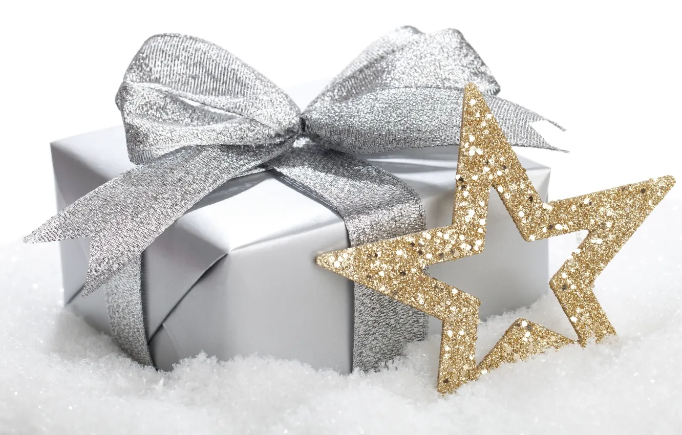 Photo wallpaper gold, holiday, box, gift, star, silver, new year, sequins