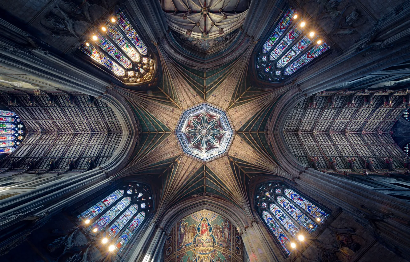 Photo wallpaper England, stained glass, Cathedral, or, the Central tower